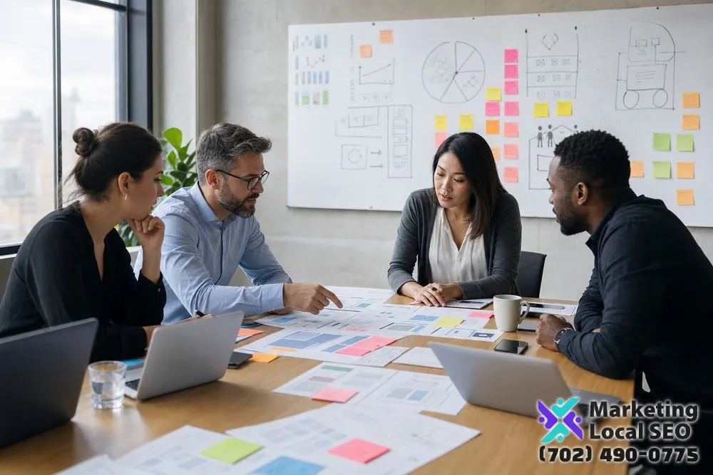 B2B Marketing Agency team planning ideal customers, buying committees, positioning, customer journeys, and integrated campaigns for a company in Santa Ana, CA