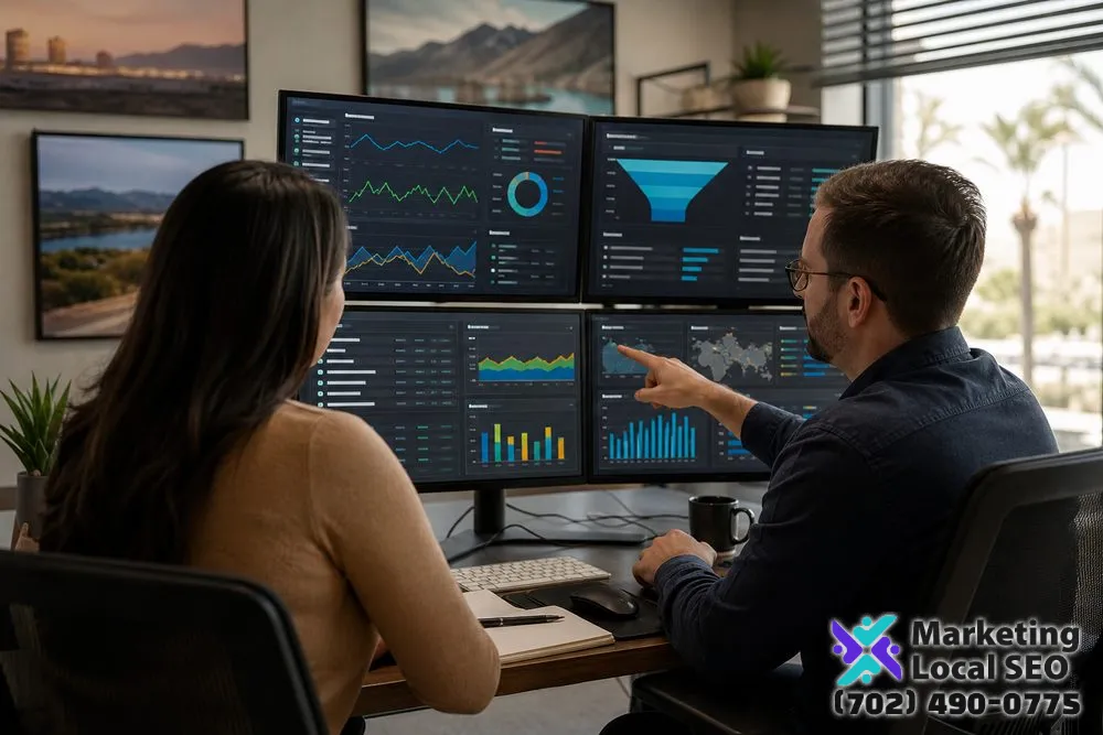 Bing paid search agency team planning Microsoft Search campaigns, keyword themes, responsive ads, and landing pages in Henderson