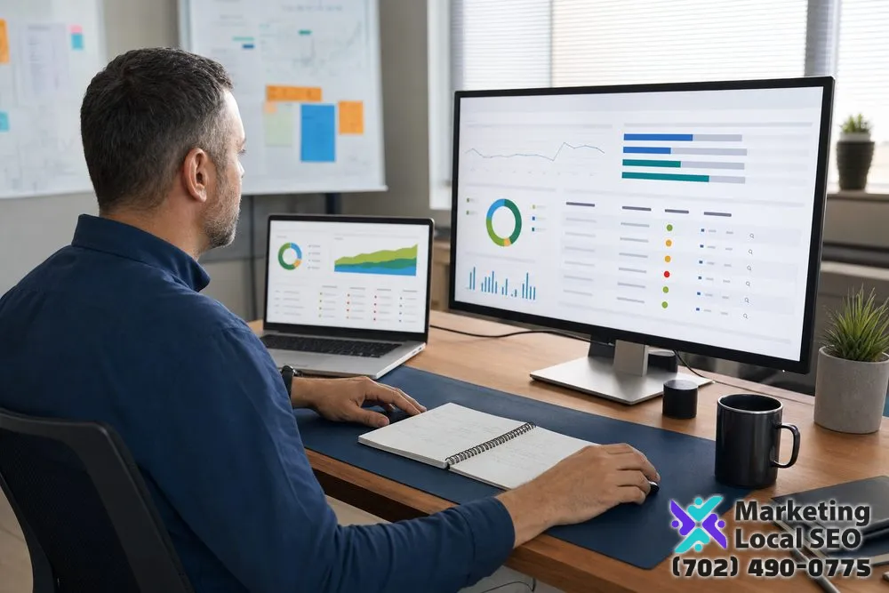 Bing Ads management specialist reviewing campaign pacing, search queries, UET goals, and lead quality for a business in San Bernardino, CA