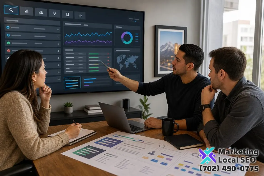 Bing search ads management team reviewing search queries, negative keywords, ad tests, and budget pacing in San Bernardino