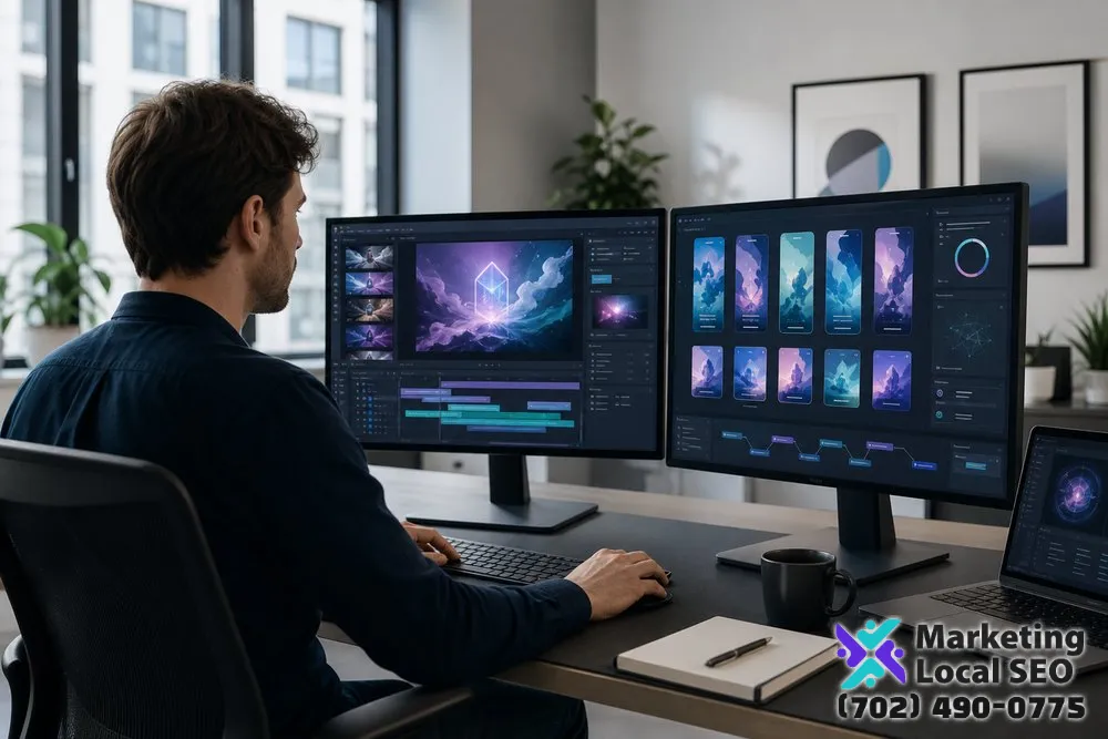 AI video content creator in Fresno producing social posts and computer-generated business video assets on desktop screens