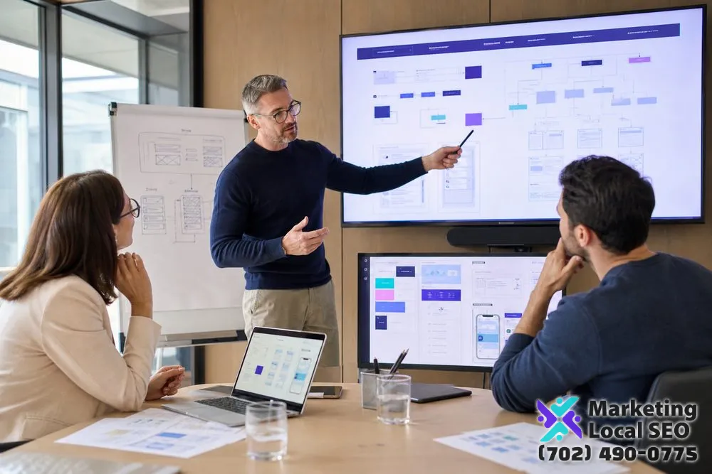 Custom Web Development and Web Design Company team planning website architecture, responsive components, content workflows, integrations, and delivery phases for a Los Angeles, CA business