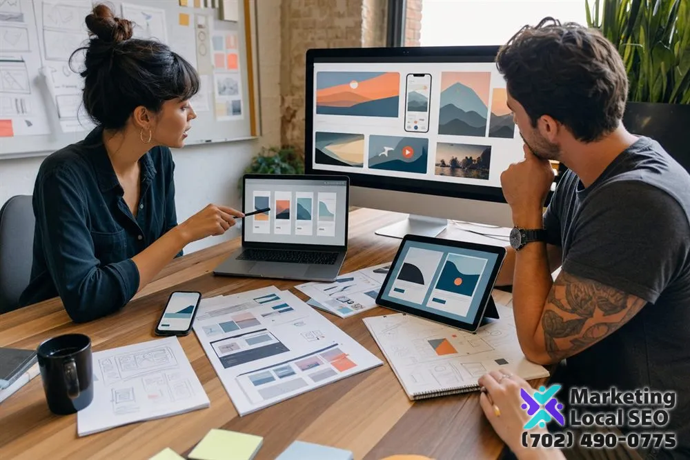 Digital Advertising team comparing campaign creative across mobile, desktop, display, social, and video formats in Aurora