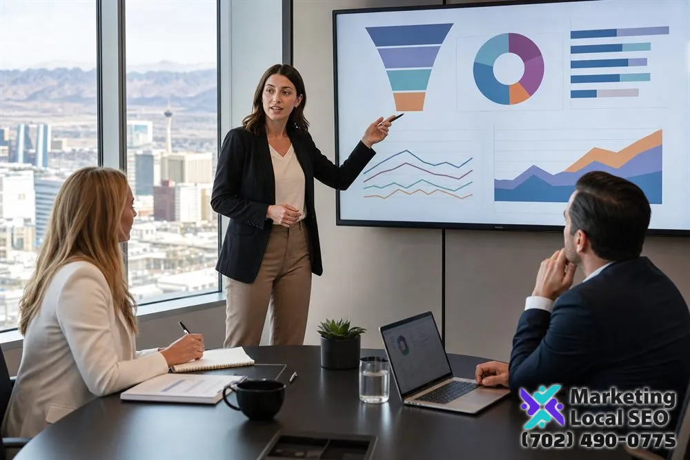 Digital Advertising analysts reviewing conversion paths, channel performance, budgets, and customer outcomes in Aurora