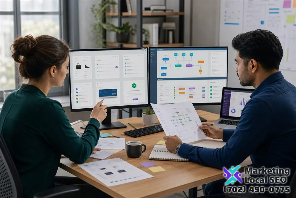 Ecommerce Website Development Company team reviewing payments, inventory, shipping, orders, quality assurance, and launch readiness