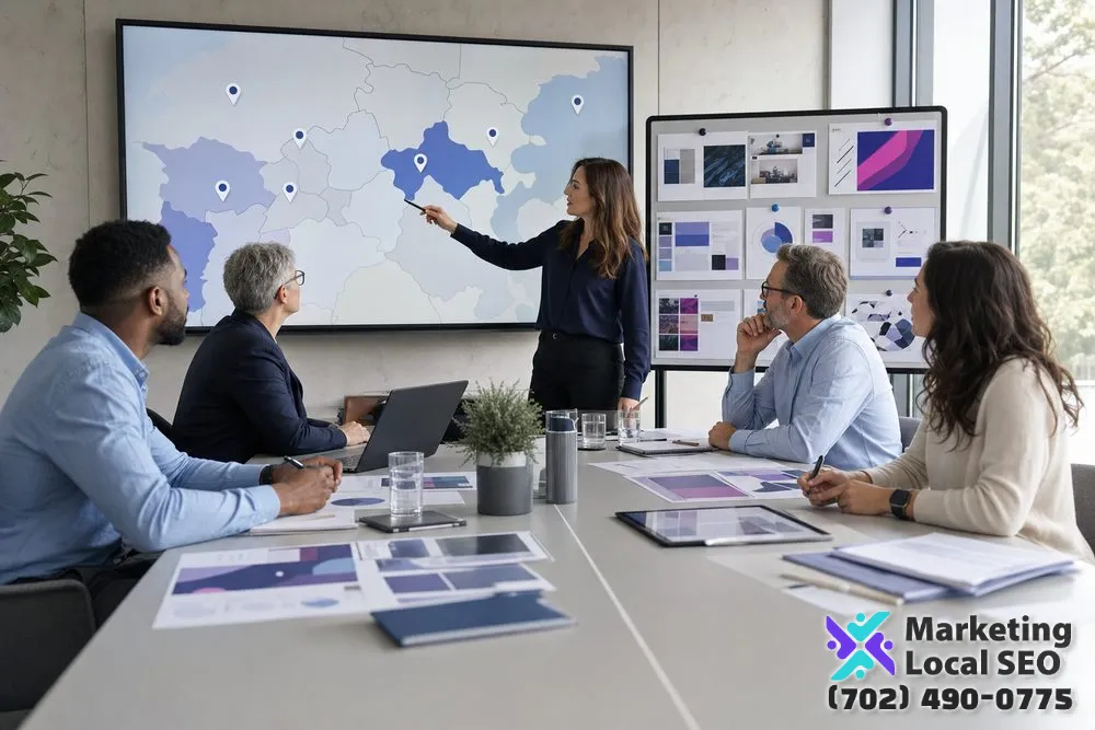 Franchise Marketing Agency team coordinating brand standards, territories, local audiences, campaign plans, and location priorities for a franchise network serving Bakersfield, CA