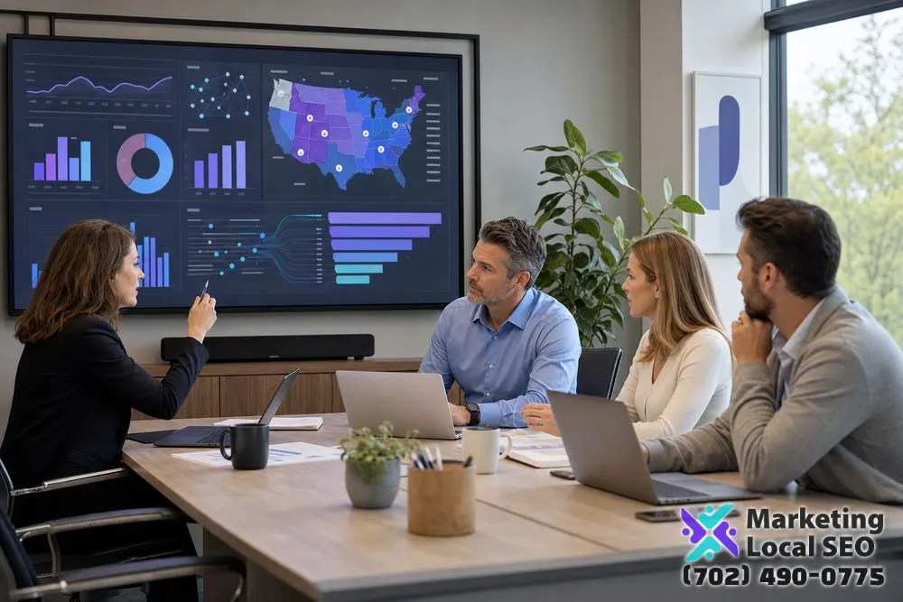 Franchise marketing team reviewing network and location performance, lead routing, campaign budgets, calls, inquiries, appointments, and reporting for Bakersfield