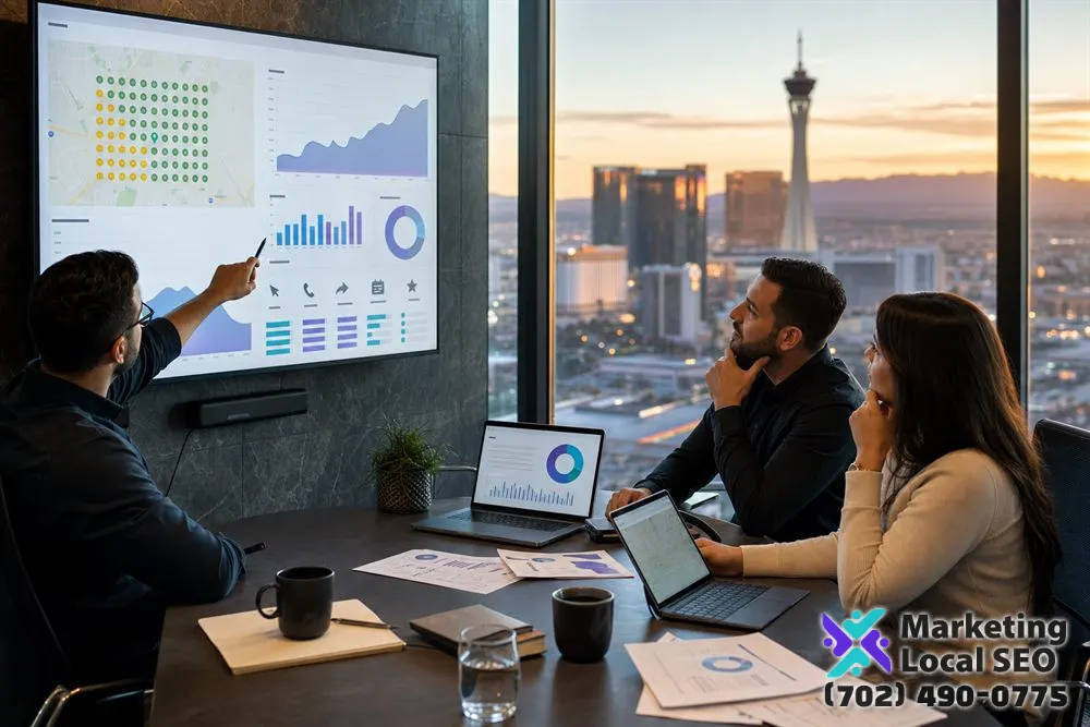Marketing Local SEO team reviewing Google Maps visibility, reviews, website clicks, calls, directions, bookings, and local leads in New York