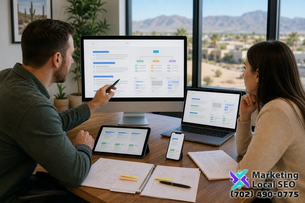 Google Ads agency team planning keyword themes, responsive search ads, assets, and landing pages for a Corona business