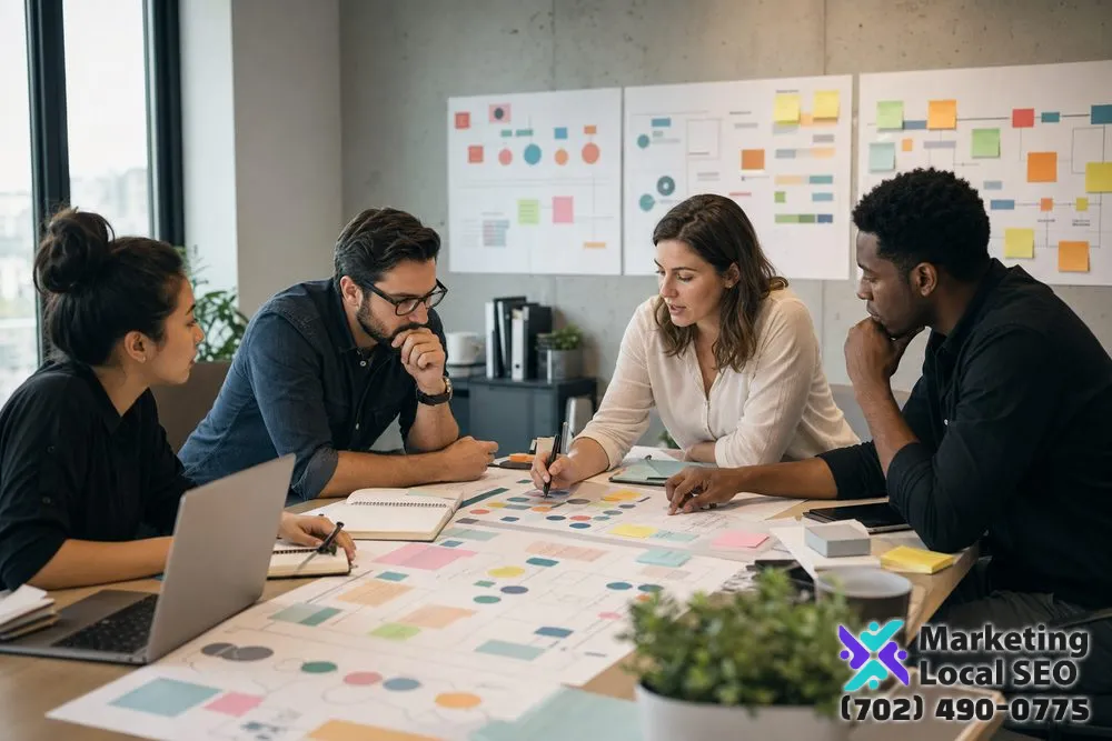 Inbound Marketing Agency team mapping customer questions, search intent, buyer journeys, educational content, conversion offers, and sales handoff for a business in Santa Ana, CA