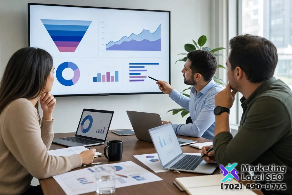Inbound marketing and sales team reviewing email nurture, conversion paths, CRM stages, lead quality, opportunity feedback, and lifecycle reporting for a Santa Ana business