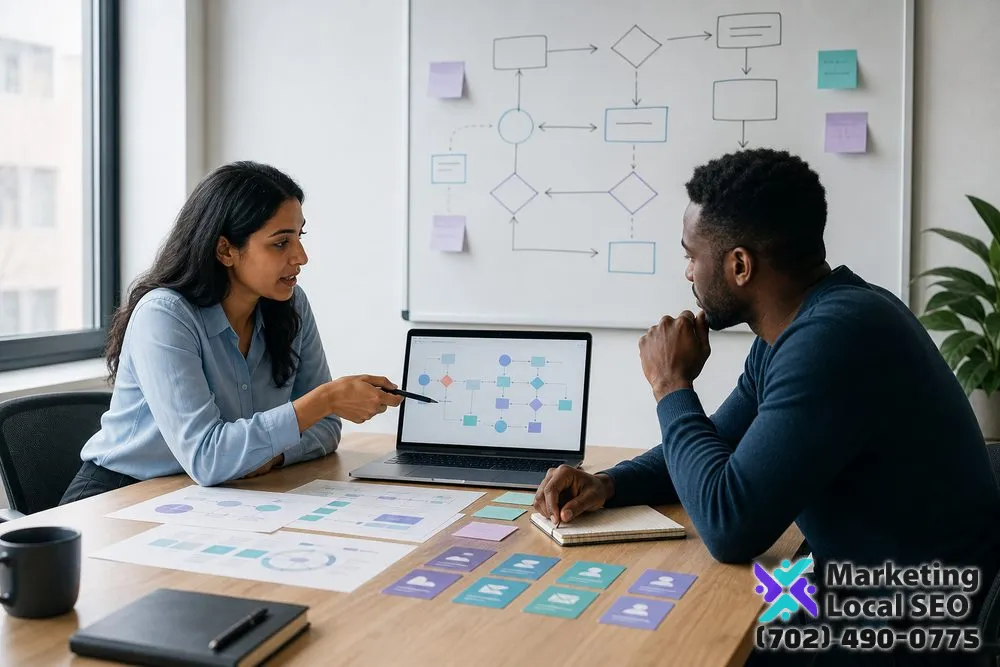 Marketing Automation Services team planning customer journeys, workflow triggers, lead routing, human handoffs, and measurement for a business in Brookhaven, NY
