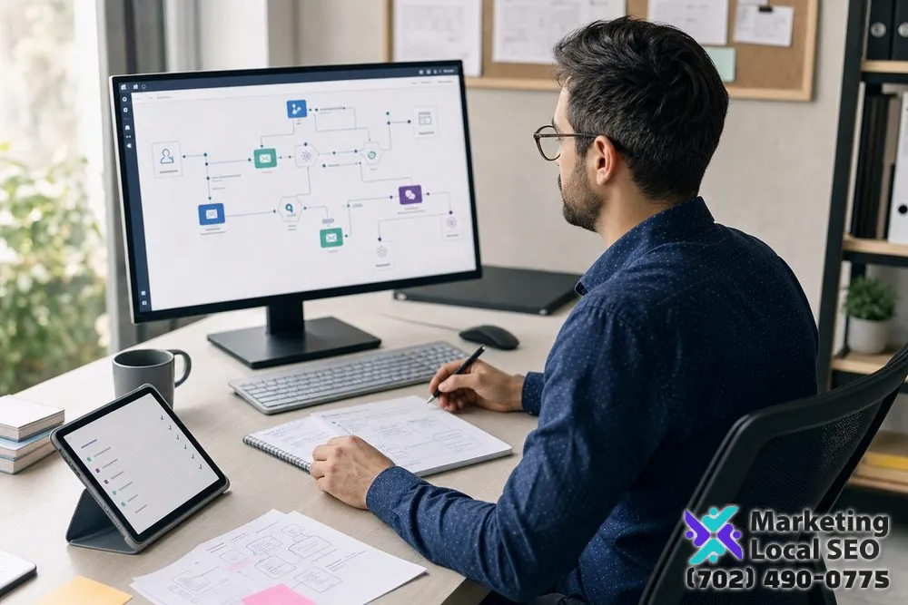 Marketing operations specialist configuring CRM integration, workflow branches, field mappings, lead routing, and automation tests in Brookhaven