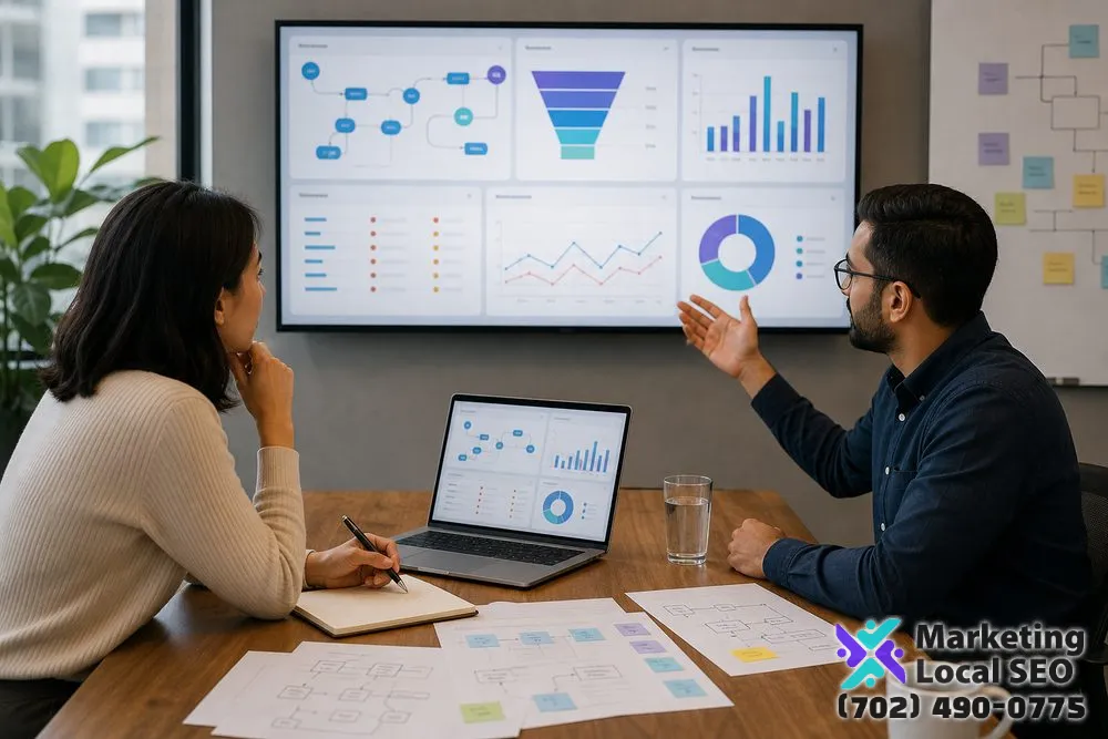 Marketing automation agency reviewing workflow performance, data quality, exceptions, lead handoffs, conversions, and optimization priorities for a Brookhaven business