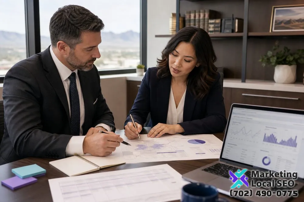 Attorney and PPC strategist reviewing paid search campaigns, practice areas, budgets, and intake quality in Glendale, AZ