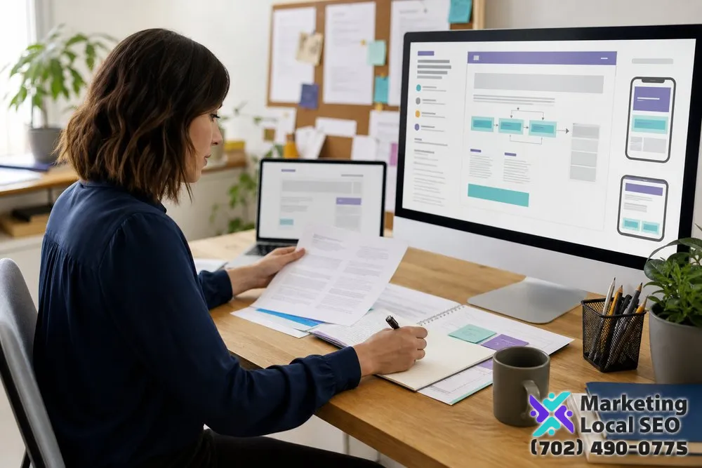 SEO copywriter in Riverside reviewing service-page copy, landing pages, product content, location pages, headings, internal links, and calls to action