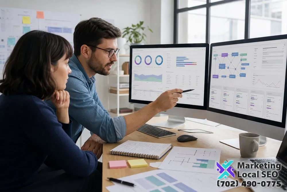 Professional SEO copywriting team in Riverside reviewing page performance, query patterns, internal links, content decay, and copy optimization priorities