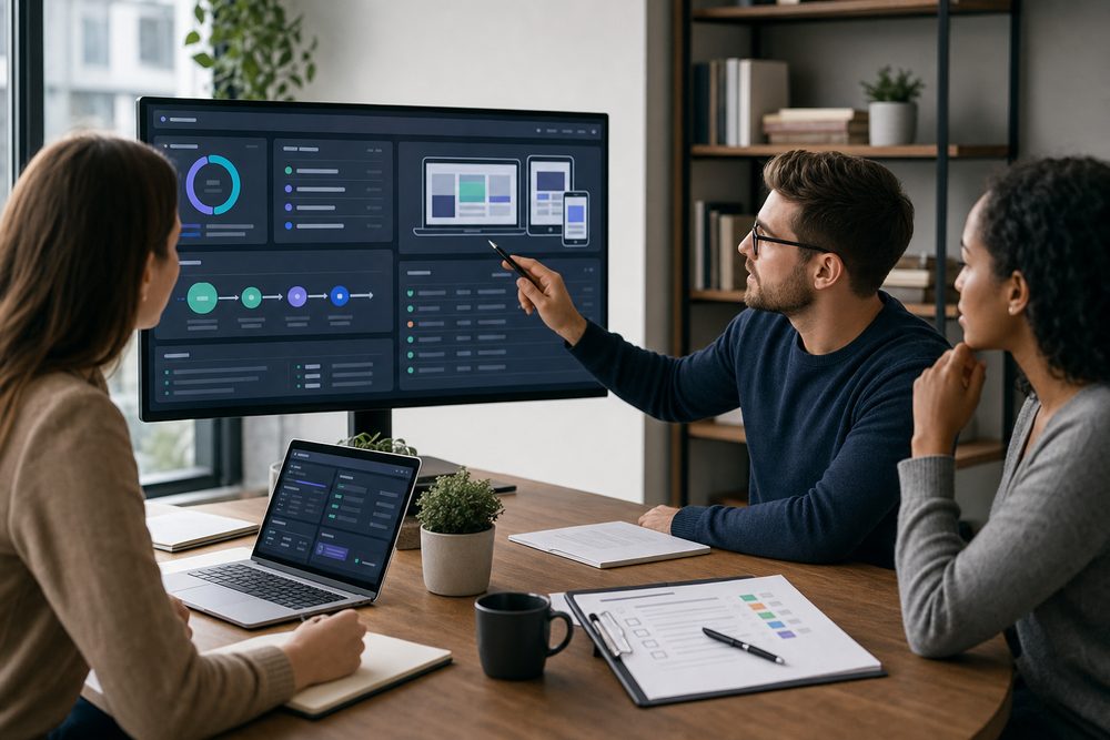 Custom website development quality assurance team testing page speed, accessibility, SEO structure, responsive layouts, forms, analytics, and launch readiness