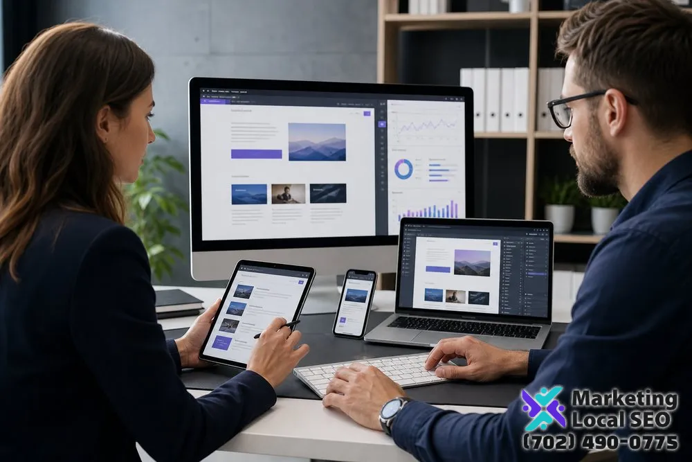 Business website management services team in San Bernardino reviewing responsive content, SEO, forms, and analytics across desktop and mobile devices