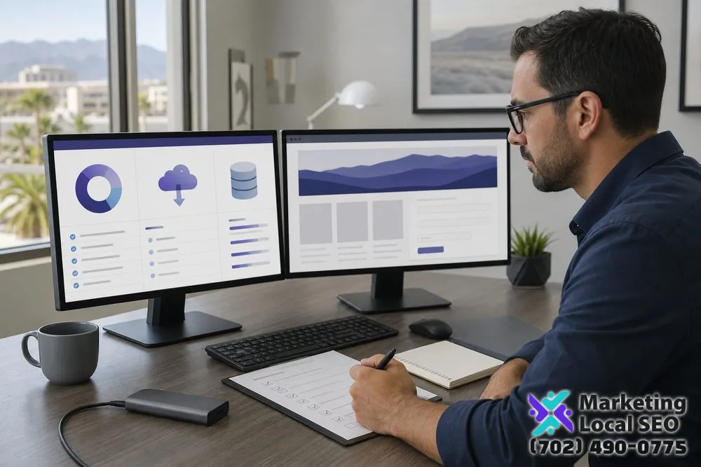 Website security maintenance specialist reviewing updates, administrator access, backups, SSL, forms, and recovery preparation for a Bakersfield business