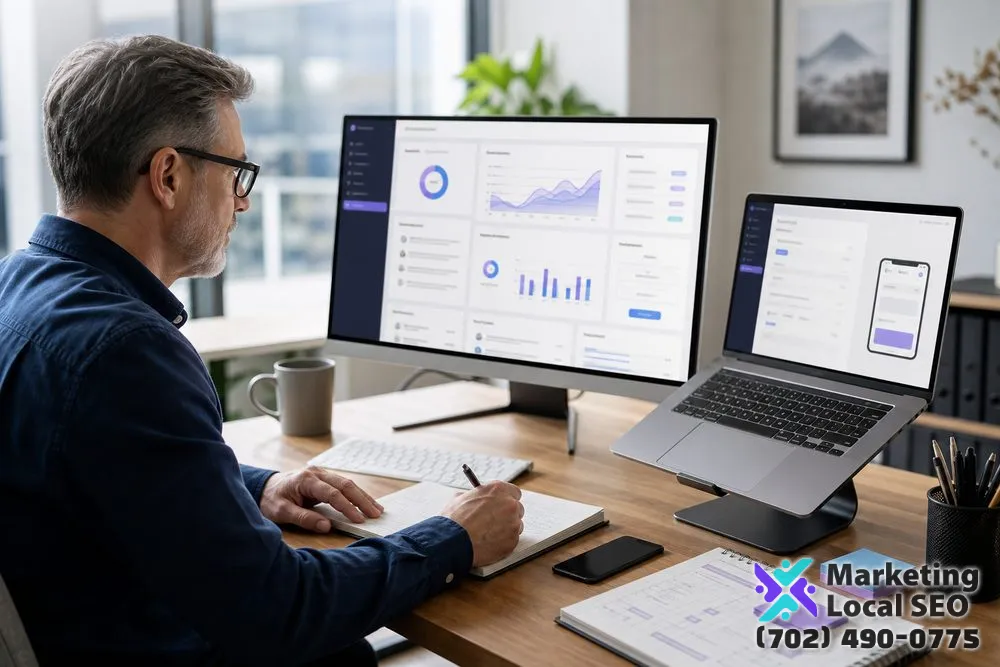 Website maintenance specialist reviewing updates, backups, content tasks, uptime, security, speed, and mobile performance in San Diego